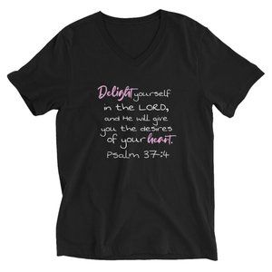 PSALM 37:4 DELIGHT YOURSELF IN THE LORD WOMEN'S BLACK VNECK COTTON TEE SIZED 2X